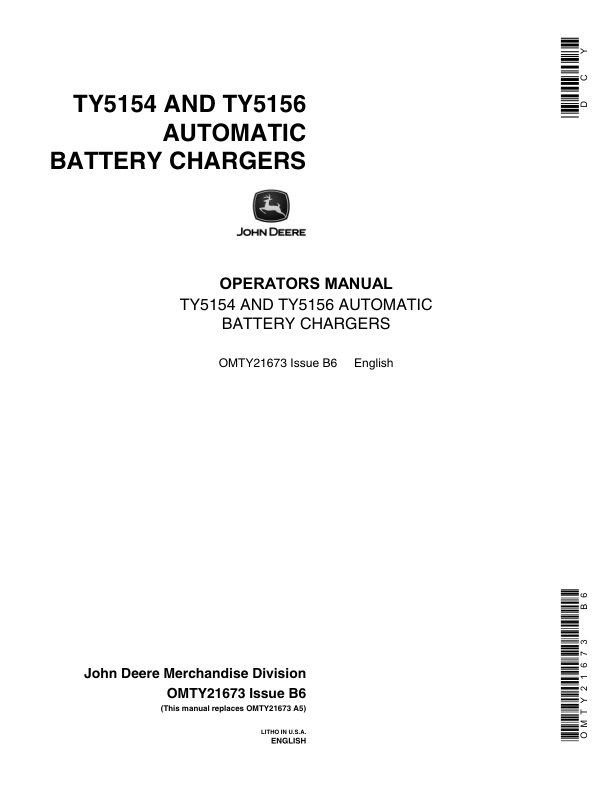John Deere TY5154 & TY5156 Automatic Battery Chargers Operator’s Manual (OMTY21673) Workshop Guide