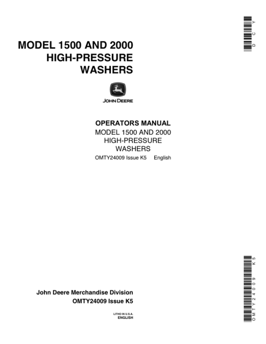 John Deere 1500, 2000 High-Pressure Washers Operator’s Manual (OMTY24009) Workshop Guide