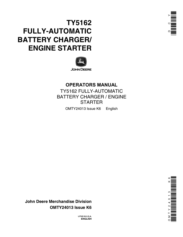 John Deere Battery Charger, TY5162 Operator’s Manual (OMTY24013) Workshop Guide