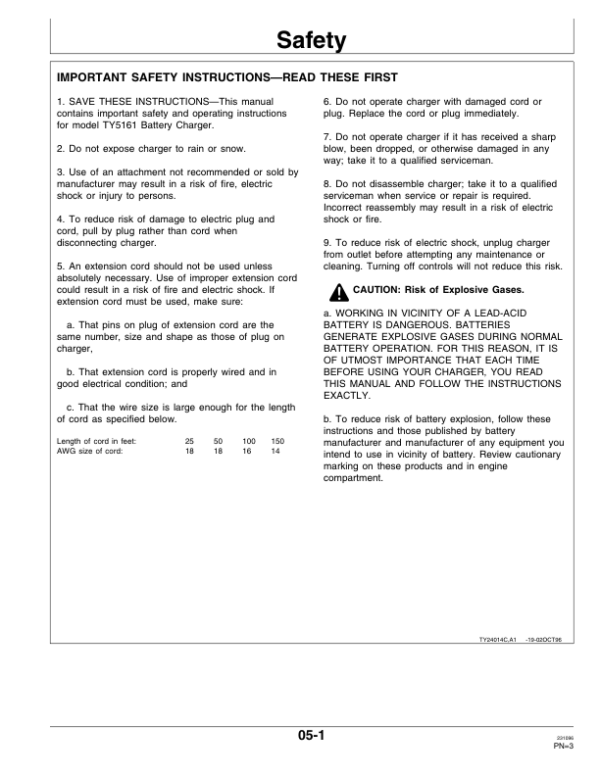 John Deere Manual Battery Charger, TY5161 10/2 Operator’s Manual (OMTY24014) Workshop Guide