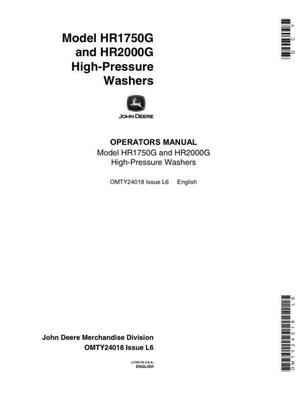 John Deere Model HR1750G, HR2000G High-Pressure Washers Operator’s Manual (OMTY24018) Workshop Guide