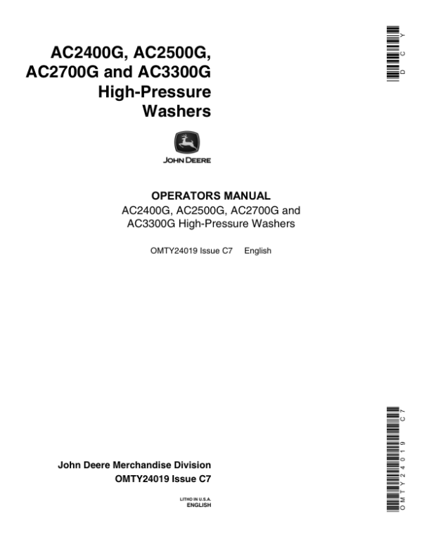 John Deere AC2400G, AC2500G, AC2700G & AC3300G High-Pressure Washers Operator’s Manual (OMTY24019) Workshop Guide