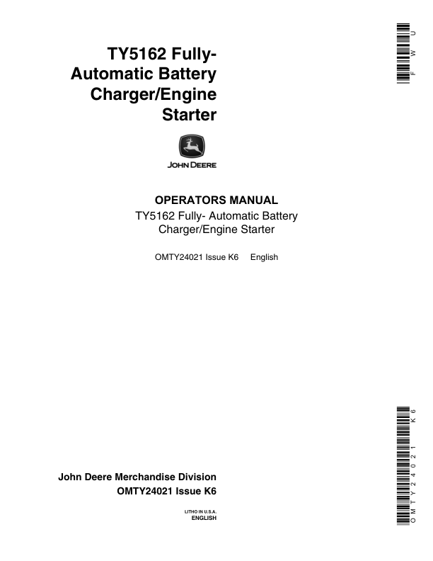 John Deere OP MAN: TY5162 BATTERY CHARGER Operator’s Manual (OMTY24021) Workshop Guide