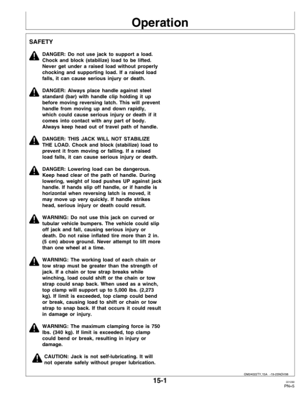 John Deere TY16354 Hi-Lift Jack Operator’s Manual (OMTY24022) Workshop Guide