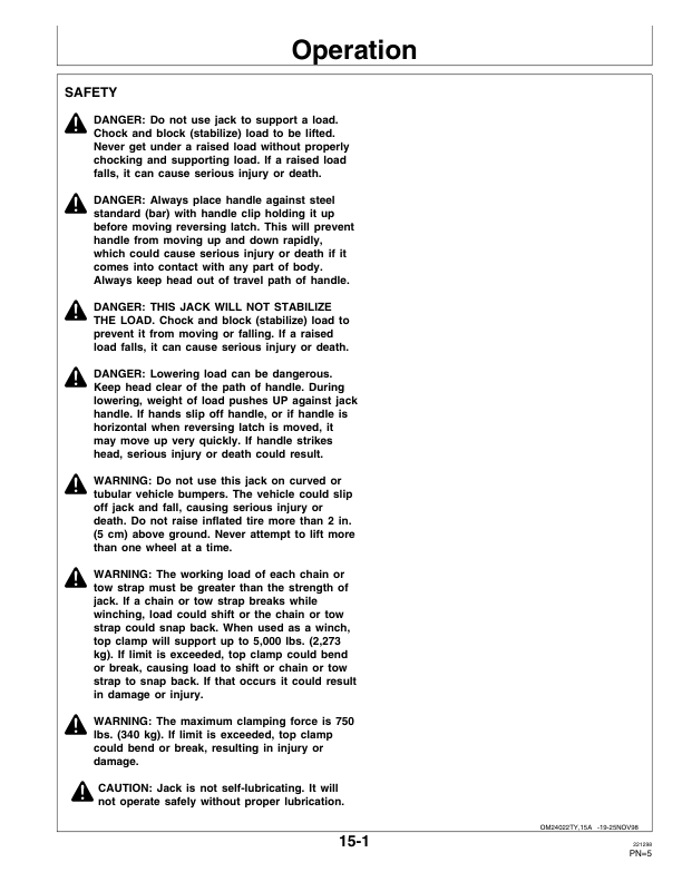 John Deere TY16354 Hi-Lift Jack Operator’s Manual (OMTY24022) Workshop Guide