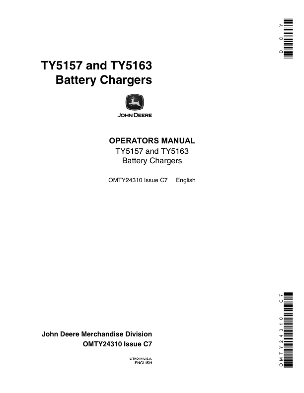 John Deere TY5157, TY5163 Battery Chargers Operator’s Manual (OMTY24310) Workshop Guide