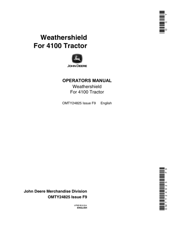 John Deere Weathershields for 4100 Tractor Operator’s Manual (OMTY24825) Workshop Guide