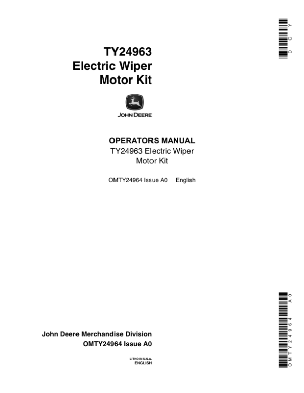 John Deere TY24936 Electric Wiper Motor Kit Operator’s Manual (OMTY24964) Workshop Guide