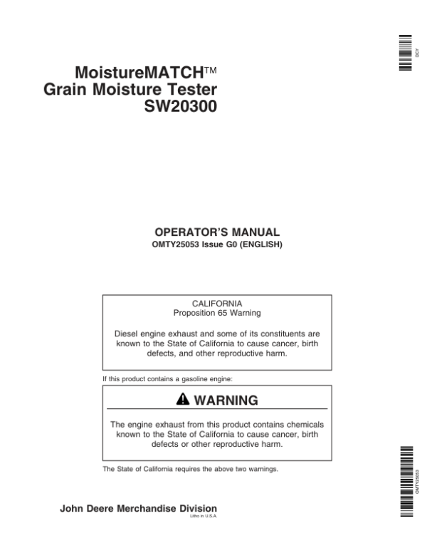 John Deere MoistureMATCH Grain Moisture Tester SW20300 Operator’s Manual (OMTY25053) Workshop Guide