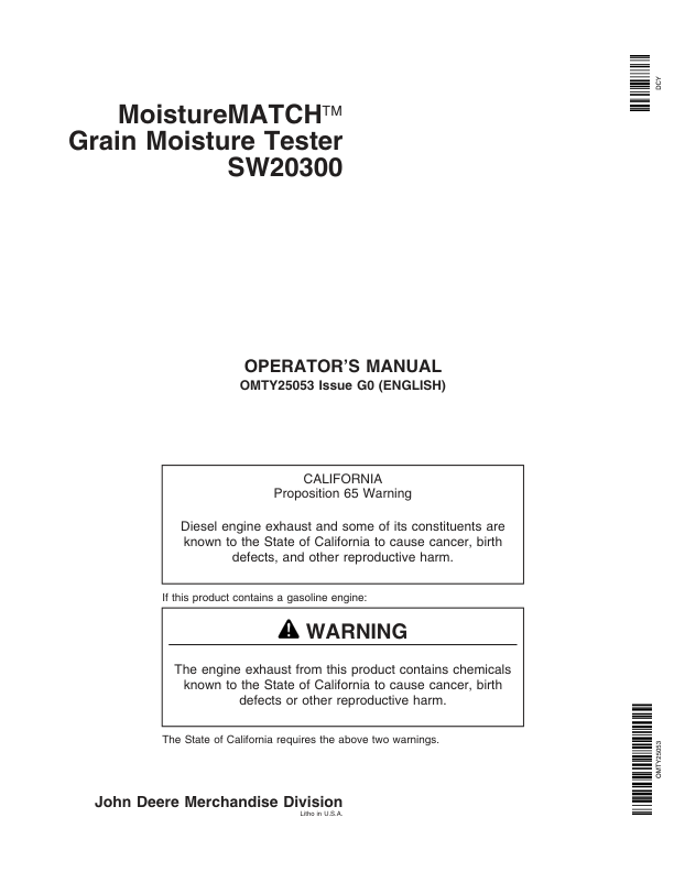 John Deere MoistureMATCH Grain Moisture Tester SW20300 Operator’s Manual (OMTY25053) Workshop Guide