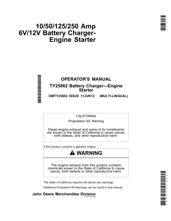 John Deere 10/50/125/250 Amp 6V/12V Battery Charger-Engine Starter Operator’s Manual (OMTY25862) Workshop Guide
