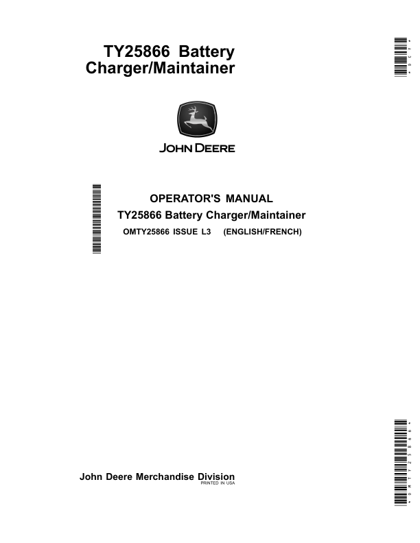 John Deere TY25866 Battery Charger/Maintainer Operator’s Manual (OMTY25866) Workshop Guide