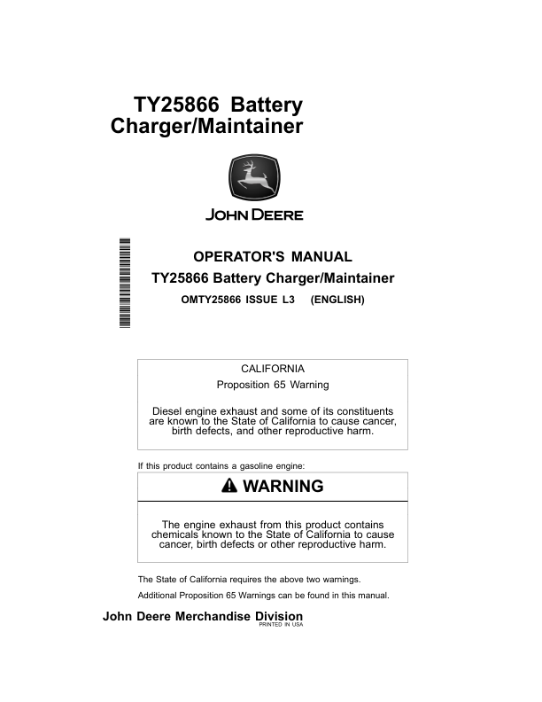John Deere TY25866 Battery Charger/Maintainer Operator’s Manual (OMTY25866) Workshop Guide