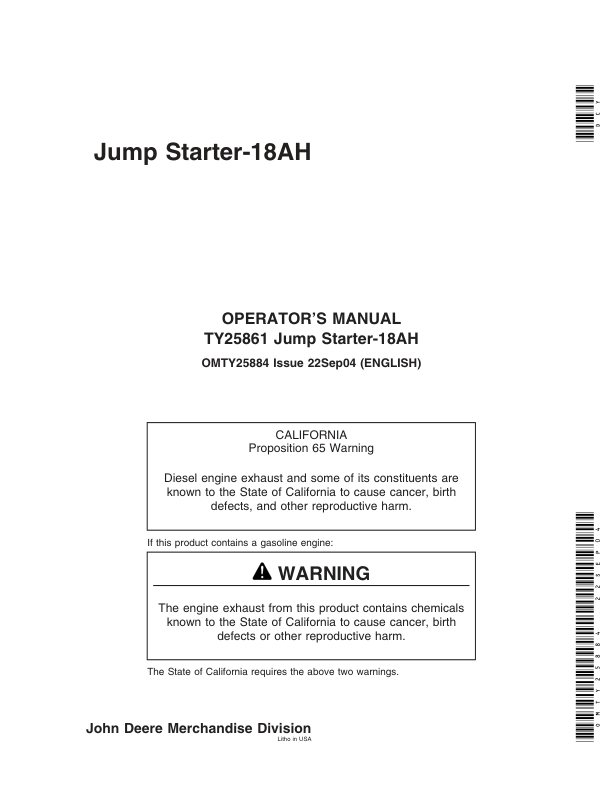 John Deere TY25861 Jump Starter 18AH Operator’s Manual (OMTY25884) Workshop Guide
