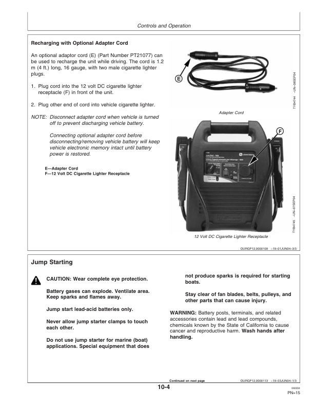 John Deere TY25861 Jump Starter 18AH Operator’s Manual (OMTY25884) Workshop Guide