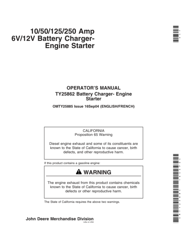 John Deere TY25862 10/50/125/250 Amp 6V/12V Battery Charger Engine Starter Operator’s Manual (OMTY25885) Workshop Guide