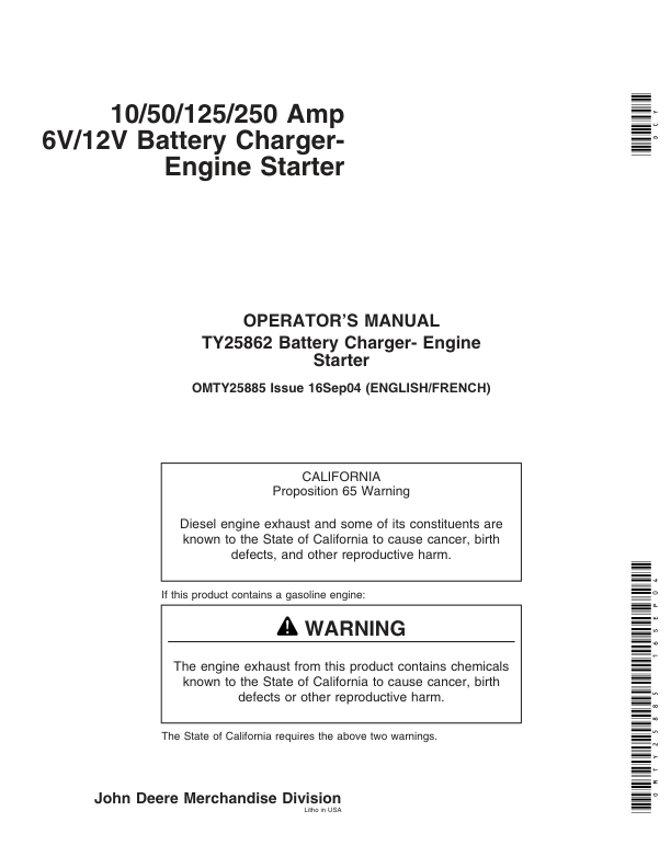 John Deere TY25862 10/50/125/250 Amp 6V/12V Battery Charger Engine Starter Operator’s Manual (OMTY25885) Workshop Guide