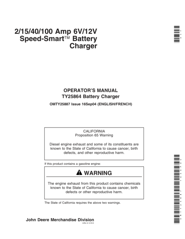 John Deere TY25864 2/15/40/100 Amp 6V/12V Speed Smart Battery Charger Operator’s Manual (OMTY25887) Workshop Guide