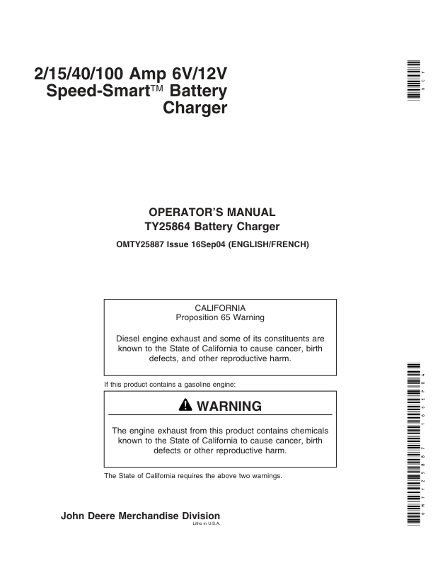 John Deere TY25864 2/15/40/100 Amp 6V/12V Speed Smart Battery Charger Operator’s Manual (OMTY25887) Workshop Guide