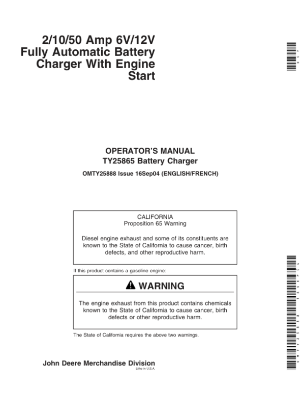 John Deere TY25865 2/10/50 AMP 6V/12V Fully Automatic Battery Charger With Engine Start Operator’s Manual (OMTY25888) Workshop Guide