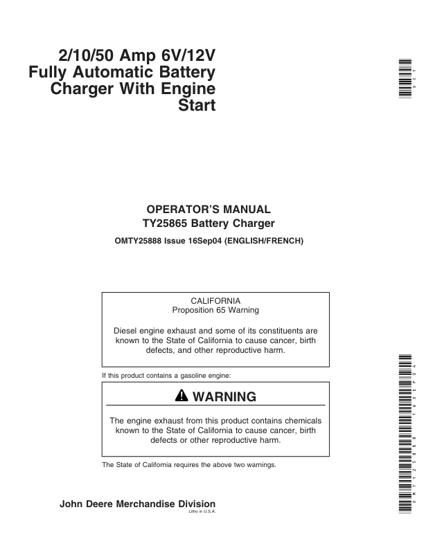 John Deere TY25865 2/10/50 AMP 6V/12V Fully Automatic Battery Charger With Engine Start Operator’s Manual (OMTY25888) Workshop Guide