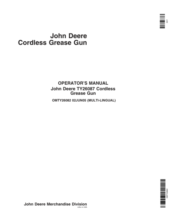 John Deere TY26087 Cordless Grease Gun Operator’s Manual (OMTY26082) Workshop Guide