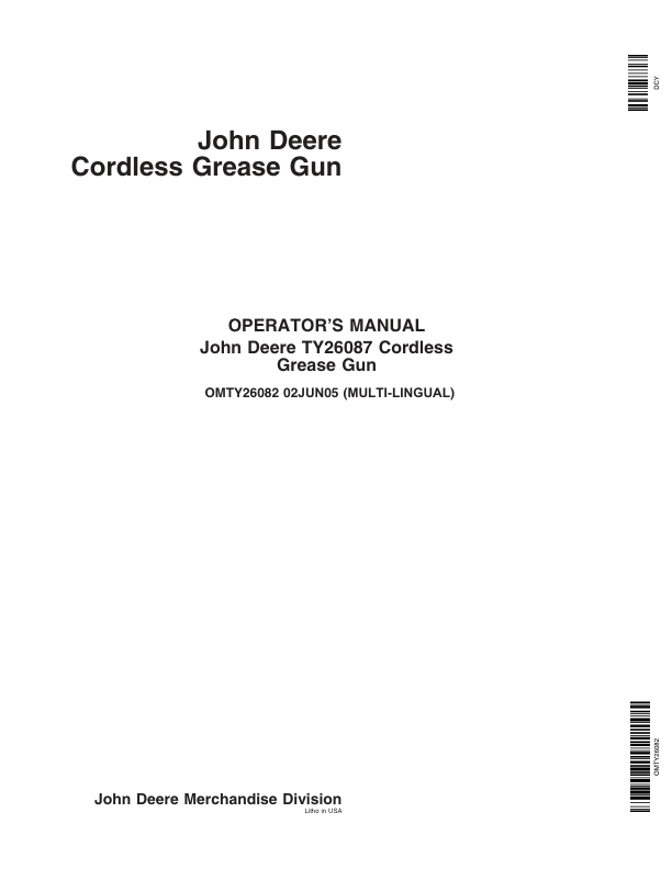 John Deere TY26087 Cordless Grease Gun Operator’s Manual (OMTY26082) Workshop Guide