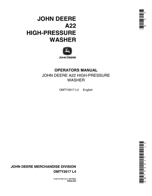 John Deere A22 High-Pressure Washer Operator’s Manual (OMTY2617) Workshop Guide