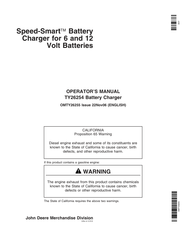 John Deere TY26254 Speed-Smart Battery Charger Operator’s Manual (OMTY26255) Workshop Guide