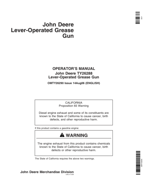 John Deere TY26288 Lever-Operated Grease Gun Operator’s Manual (OMTY26290) Workshop Guide