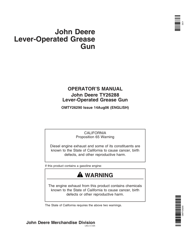 John Deere TY26288 Lever-Operated Grease Gun Operator’s Manual (OMTY26290) Workshop Guide