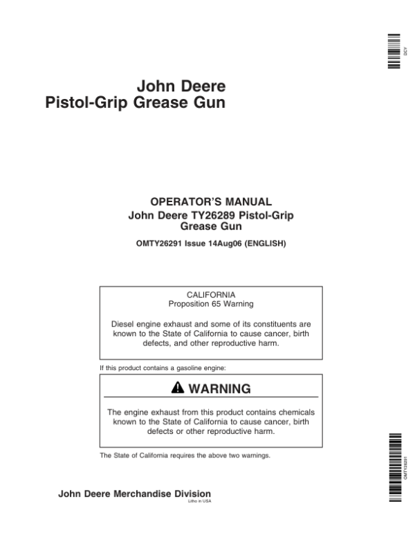 John Deere TY26289 Pistol-Grip Grease Gun Operator’s Manual (OMTY26291) Workshop Guide