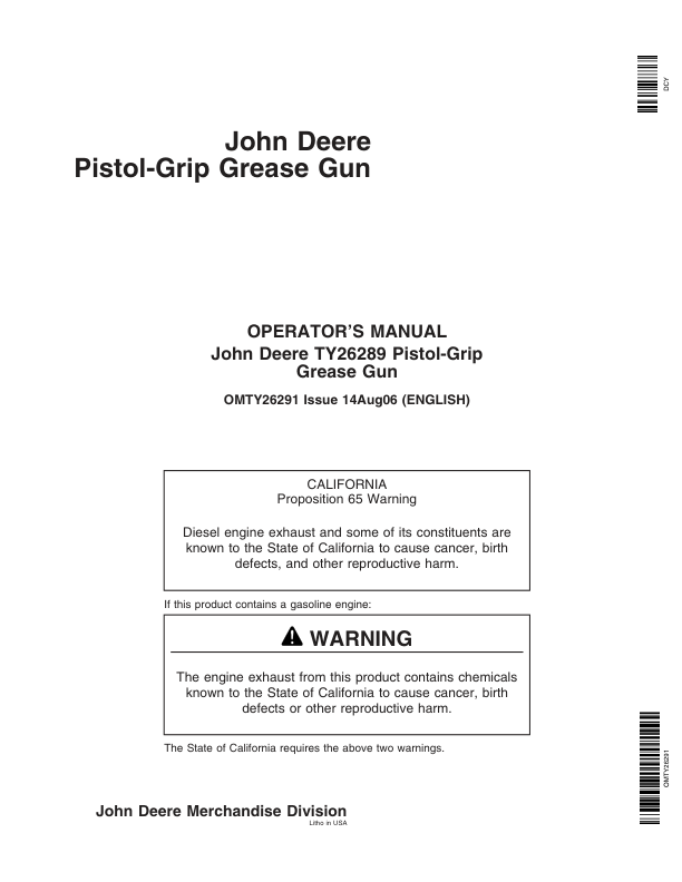 John Deere TY26289 Pistol-Grip Grease Gun Operator’s Manual (OMTY26291) Workshop Guide