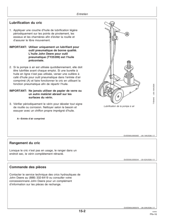 John Deere John Deere Air Actuated Hydraulic Truck Jack – TY26312 Operator’s Manual (OMTY26294) Workshop Guide