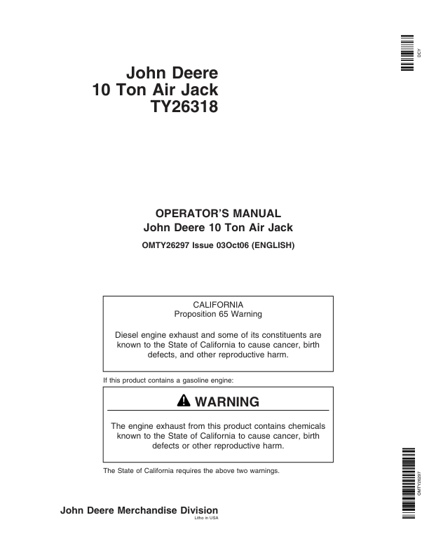 John Deere John Deere TY26318 10-Ton Air Jack Operator’s Manual (OMTY26297) Workshop Guide