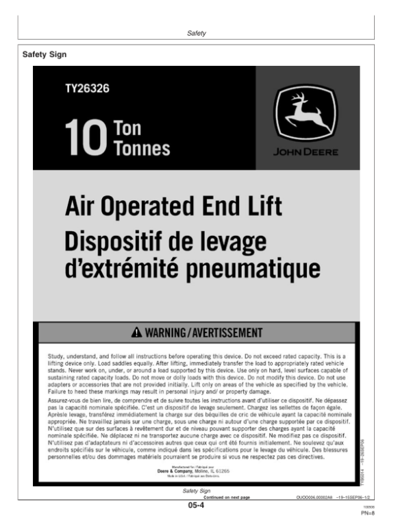 John Deere John Deere TY26326 10-Ton Air Operated End Lift Operator’s Manual (OMTY26301) Workshop Guide