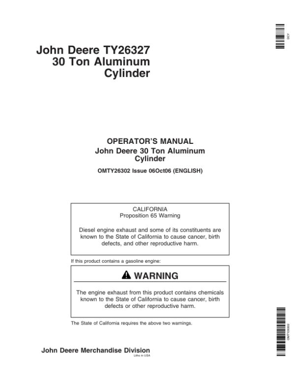 John Deere John Deere TY26327 30-Ton Aluminum Cylinder Operator’s Manual (OMTY26302) Workshop Guide