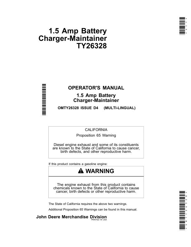 John Deere 1.5 Amp Battery Charger-Maintainer TY26328 Operator’s Manual (OMTY26328) Workshop Guide