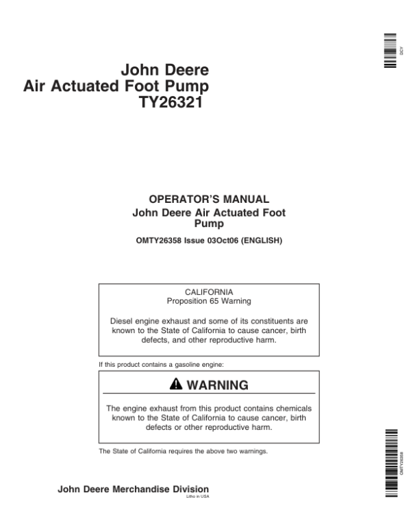 John Deere TY26321 Air Actuated Foot Pump Operator’s Manual (OMTY26358) Workshop Guide