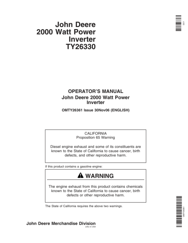 John Deere TY26330 Power Inverter 2000 Watt Operator’s Manual (OMTY26361) Workshop Guide