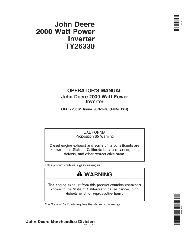John Deere TY26330 Power Inverter 2000 Watt Operator’s Manual (OMTY26361) Workshop Guide