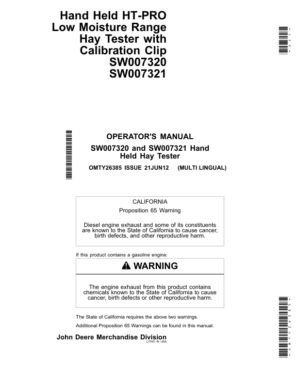 John Deere Hand Held HT-PRO Low Moisture Range Hay Tester with Calibration Clip SW007320 Operator’s Manual (OMTY26385) Workshop Guide