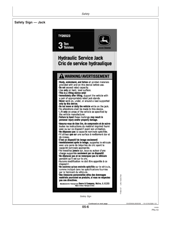 John Deere 2-1/2 TY26522, 3 Ton Jacks TY26523, Heavy Duty Jack Stands TY26315 Operator’s Manual (OMTY26568E) Workshop Guide