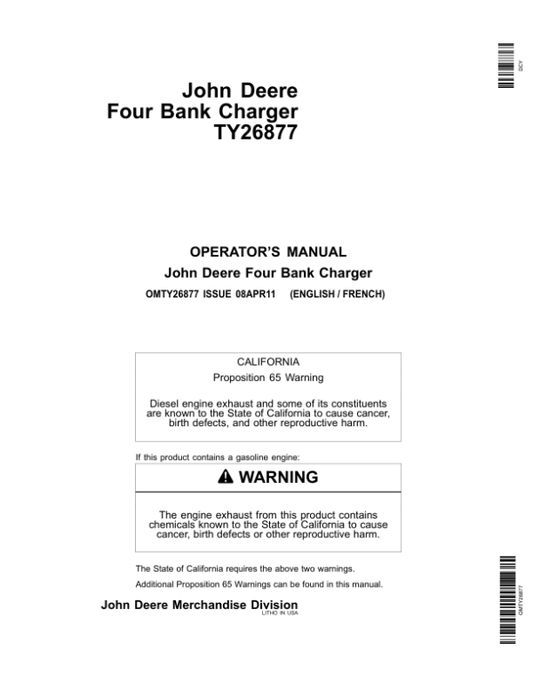 John Deere Four Bank Charger TY26877 Operator’s Manual (OMTY26877) Workshop Guide