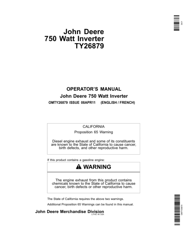 John Deere Convertisseur 750 Watts TY26879 Operator’s Manual (OMTY26879) Workshop Guide