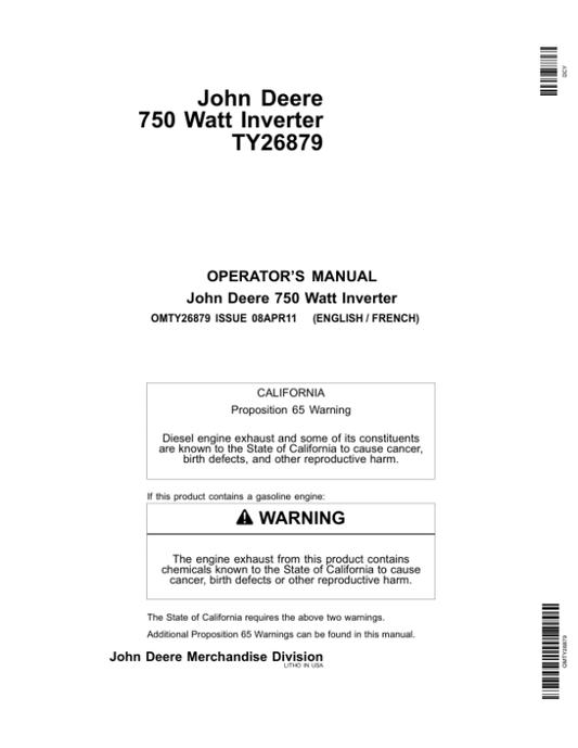 John Deere Convertisseur 750 Watts TY26879 Operator’s Manual (OMTY26879) Workshop Guide