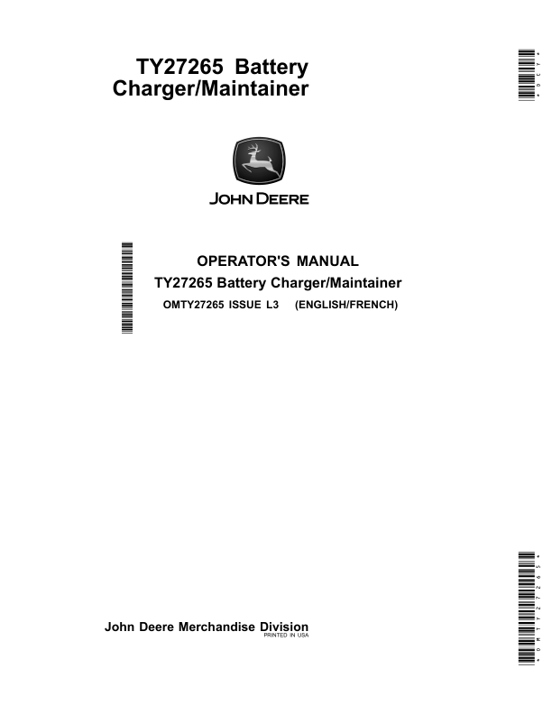 John Deere TY27265 Battery Charger/Maintainer Operator’s Manual (OMTY27265) Workshop Guide