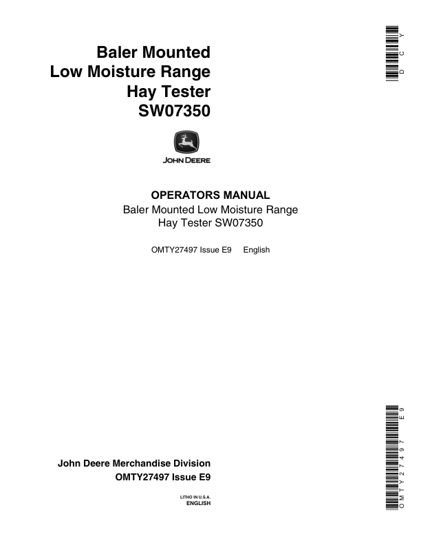 John Deere SW07350 Hay Tester Baler Mounted Low Moisture Range Operator’s Manual (OMTY27497) Workshop Guide