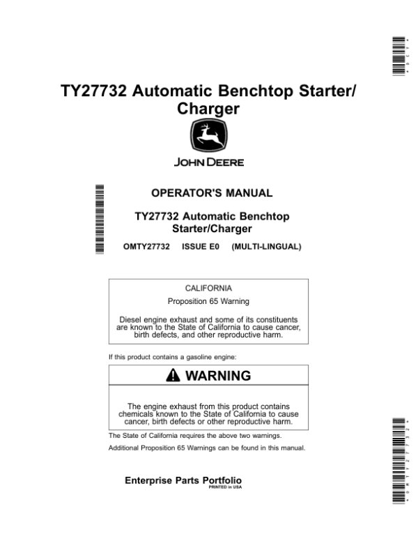 John Deere TY27732 Automatic Benchtop Starter/Charger Operator’s Manual (OMTY27732) Workshop Guide