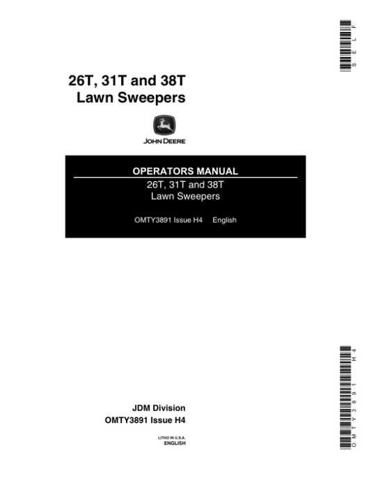 John Deere 26T, 31T, 38T Lawn Sweepers Operator’s Manual (OMTY3891) Workshop Guide
